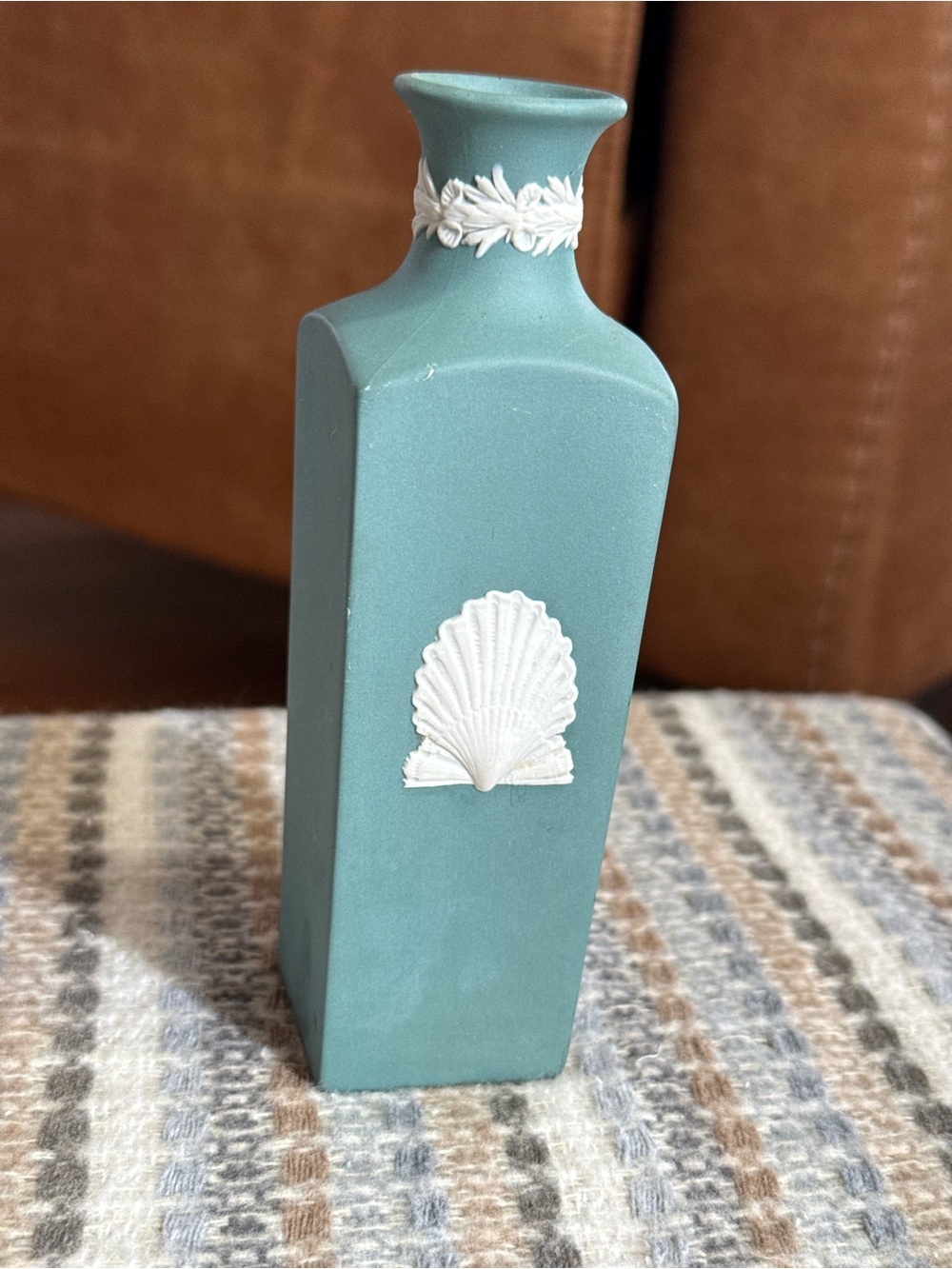 Vintage Wedgwood Jasperware Square Bud Vase - Teal / Sage Green Shell Motif